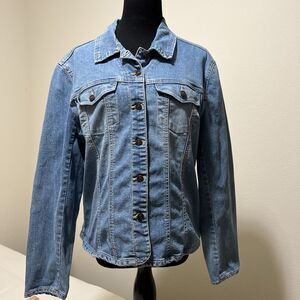 Vtg 90s Trucker Biker Denim Blue Jean Jacket HONG KONG Womens L Lightweight